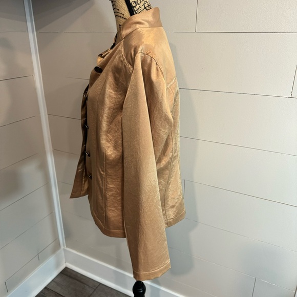 Chico's Full Button Front Jacket Blazer in Gold Champagne Metallic Satin - Picture 2 of 9